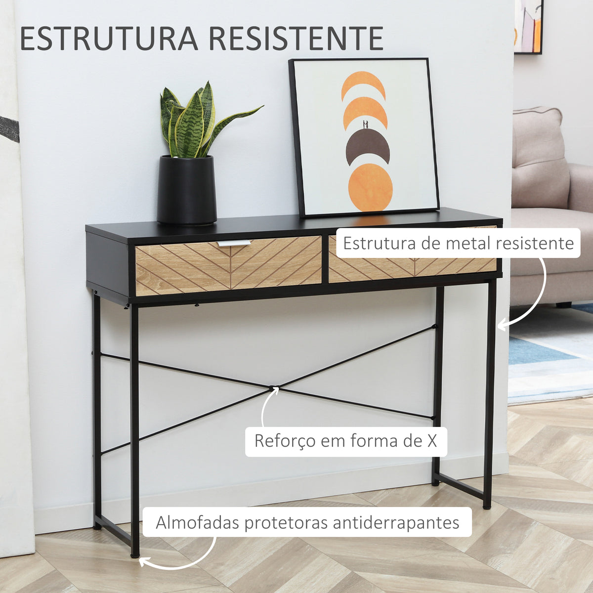 Mesa Consola 100x30x75cm Mesa de Entrada Moderno com 2 Gavetas de Armazenamento e Estrutura de Metal para Corredor Sala de Estar Preto e Madeira — foto 5