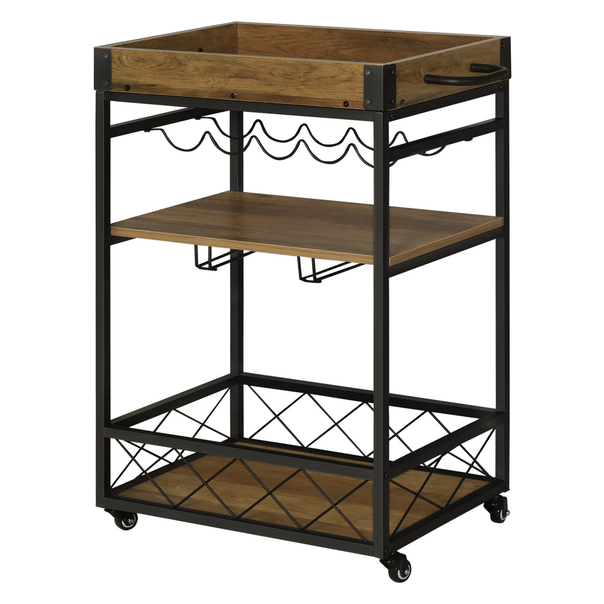 Carrinho de cozinha Carrinho de serviço móvel multifuncional com 3 prateleiras Suporte para copos e toalheiros da bandeja porta-copos para sala de jantar 77x44,5x91 cm Madeira rústica — foto 1