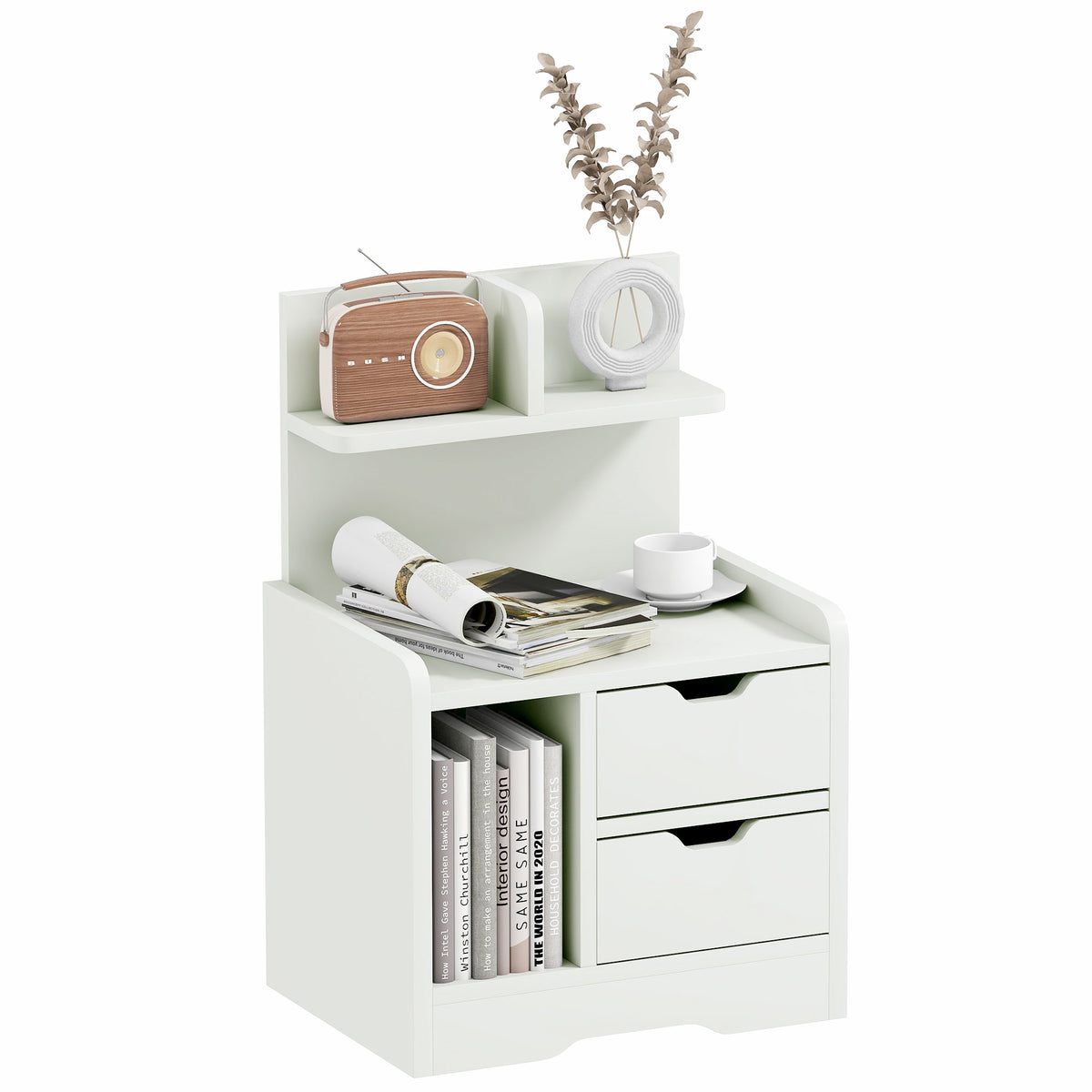 Mesa de Cabeceira Moderna Mesa de Cabeceira com 2 Gavetas e 3 Compartimentos de Armazenamento para Sala de Estar Quarto Carga 30 kg 40x30x60 cm Branco — foto 1