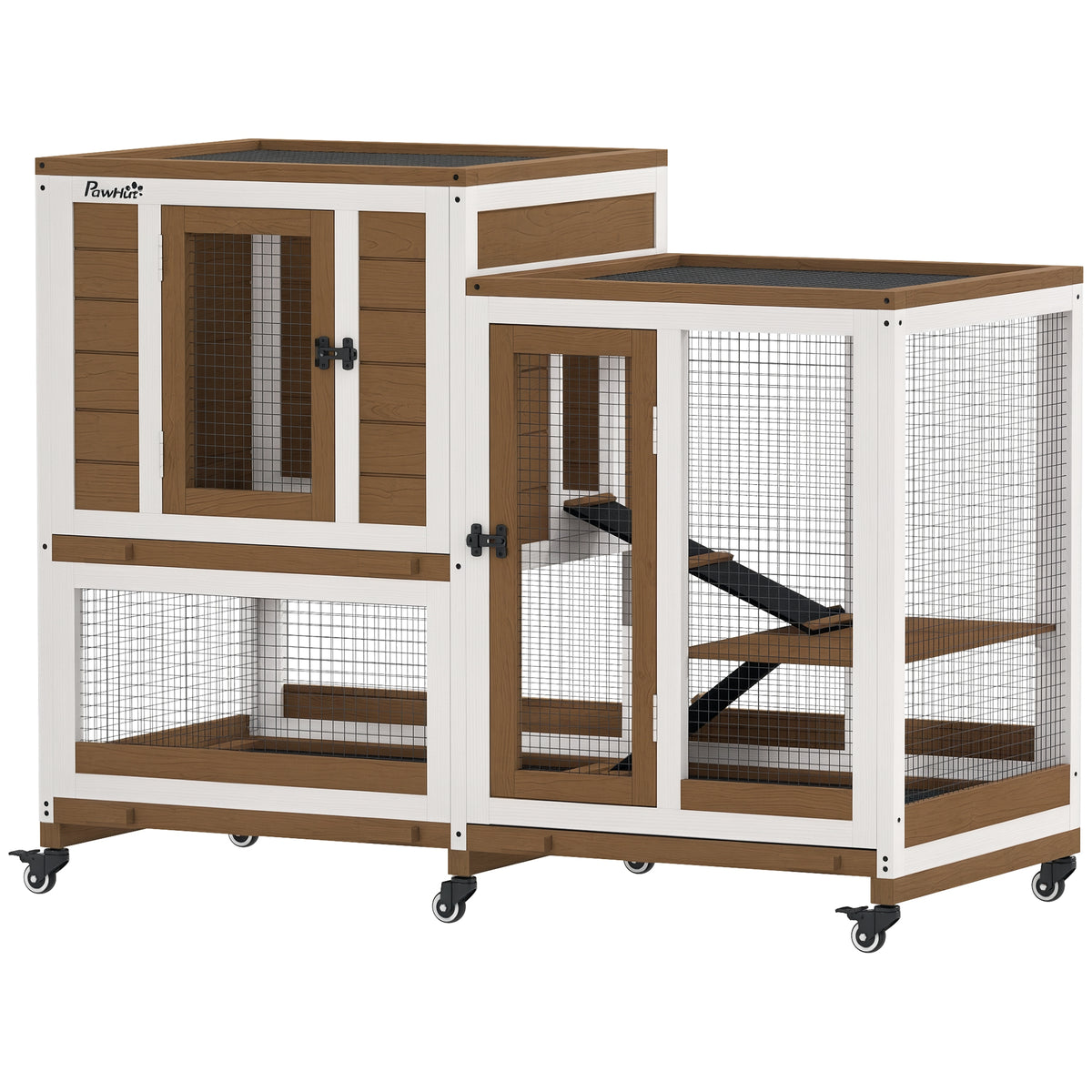 Casa para Coelhos de Madeira de 2 Níveis com 6 Rodas 2 Rampas 3 Tabuleiros Removíveis Portas com Fechaduras e Zona Aberta Casa Interior 110x50x86 cm Castanho — foto 1