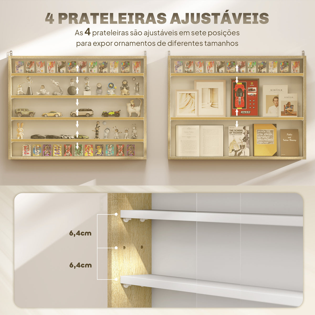 Vitrine de Parede de Madeira com Prateleiras Ajustáveis e 2 Portas Corredeiras de Vidro para Coleções Perfumes Bonecos de Decoração 80x9,5x60cm Madeira e Branco — foto 4