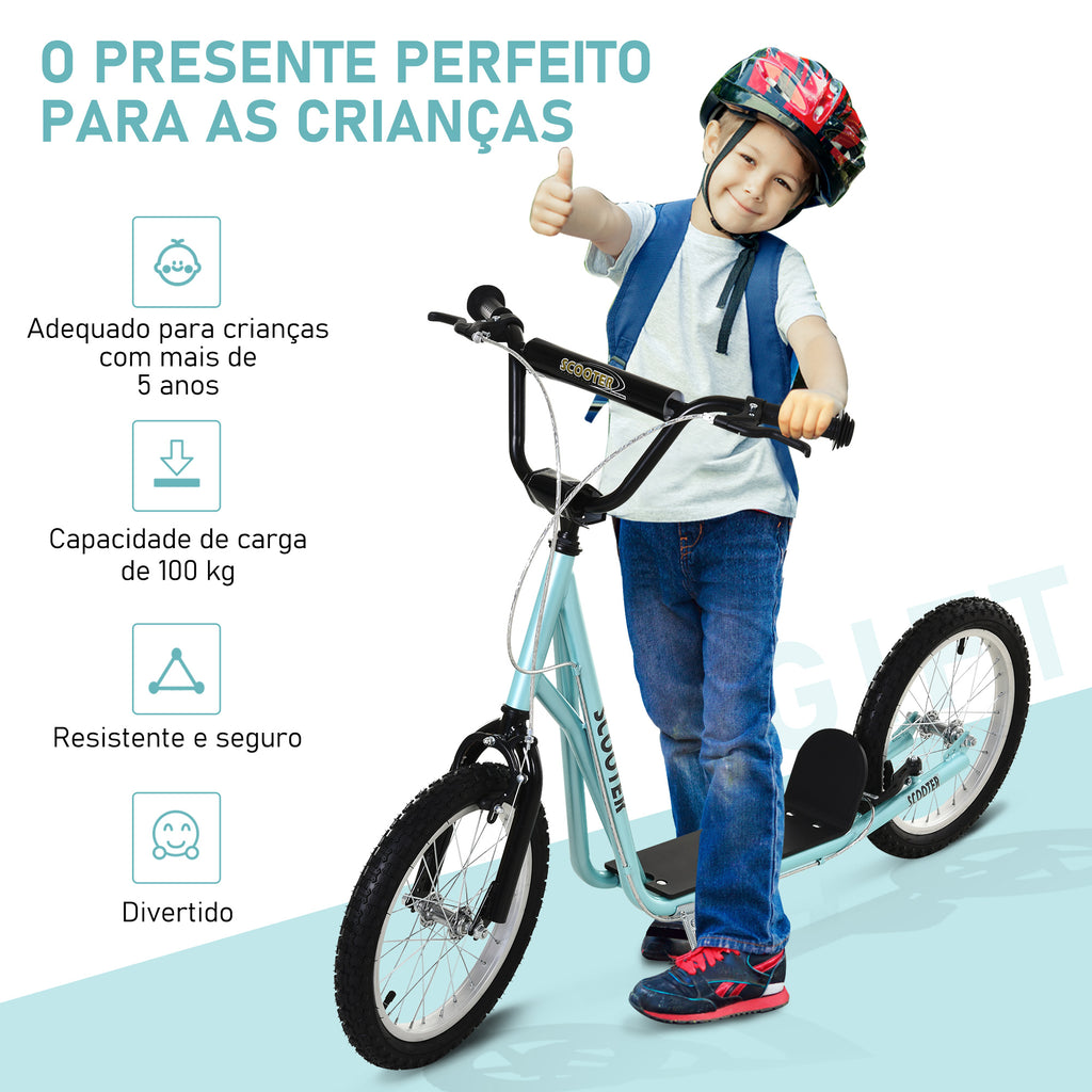Trotinete para Crianças acima de 5 Anos e Adolescentes com Guiador Ajustável em Altura 2 Pneus de Borracha Insufláveis com Travagem Dupla e Rodas 16" Carga 100 kg 139x58x90-96 cm Azul — foto 5