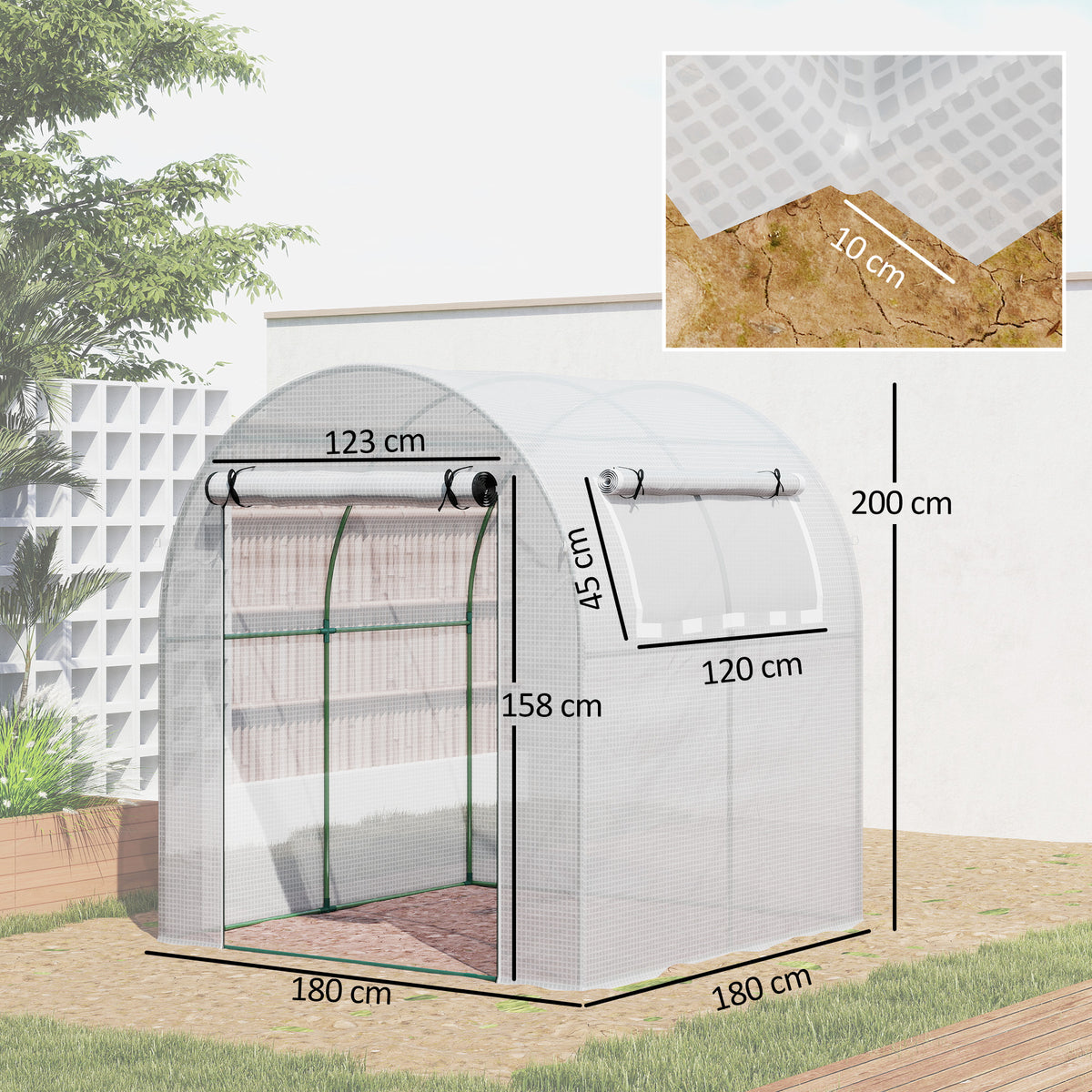 Estufa de Jardim 180x180x200 cm Estufa Tipo Túnel Pequena com Porta Enrolável e Janela de Malha para Cultivar Plantas Flores Branco — foto 3