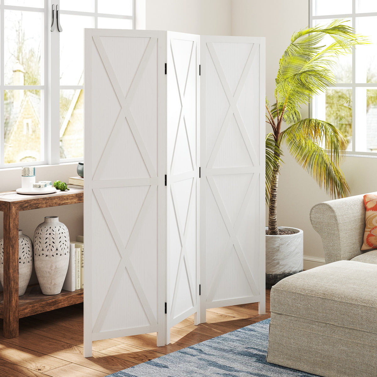 Biombo de 3 Paineis Separador de Ambientes Dobrável 136,5x170cm Divisória para Espaços de Madeira Decoração Elegante para Dormitório Sala de Estar Branco — foto 2