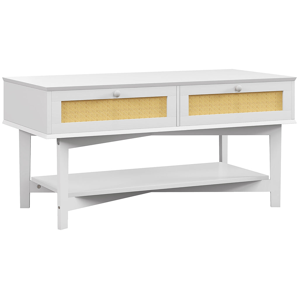 Mesa de Centro com 2 Gavetas Decorativas de Vime e Prateleira de Armazenamento Inferior para Sala de Estar Escritório Carga 50 kg 100x50x50 cm Branco — foto 1