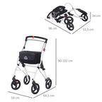 Andarilho para Idosos Dobrável de Alumínio Andador para Pessoas Maiores com 4 Rodas e Bandeja Andarilho com Altura Ajustável Travão e Bolsa de Transporte 64,5x54x90-102 cm Preto e Branco — foto 3
