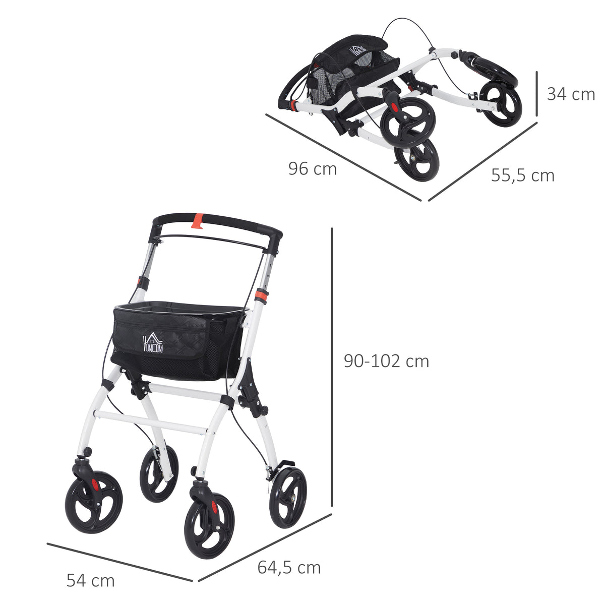 Andarilho para Idosos Dobrável de Alumínio Andador para Pessoas Maiores com 4 Rodas e Bandeja Andarilho com Altura Ajustável Travão e Bolsa de Transporte 64,5x54x90-102 cm Preto e Branco — foto 3