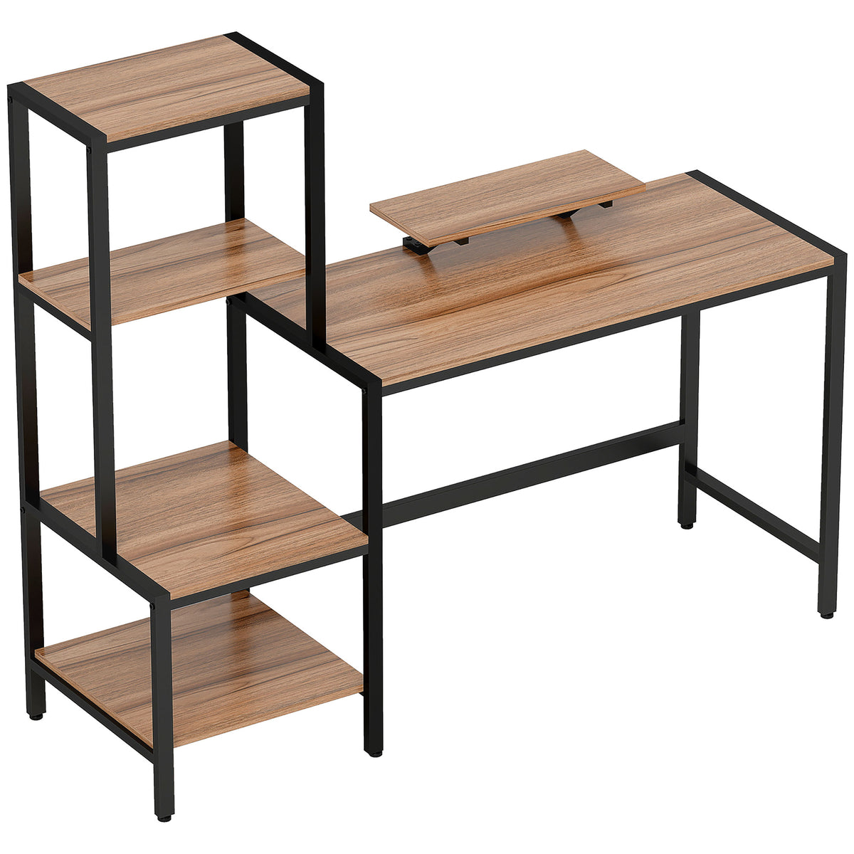 Mesa de Computador com Suporte para Monitor Escrivaninha com Estante de 4 Níveis Design Industrial Castanho — foto 1