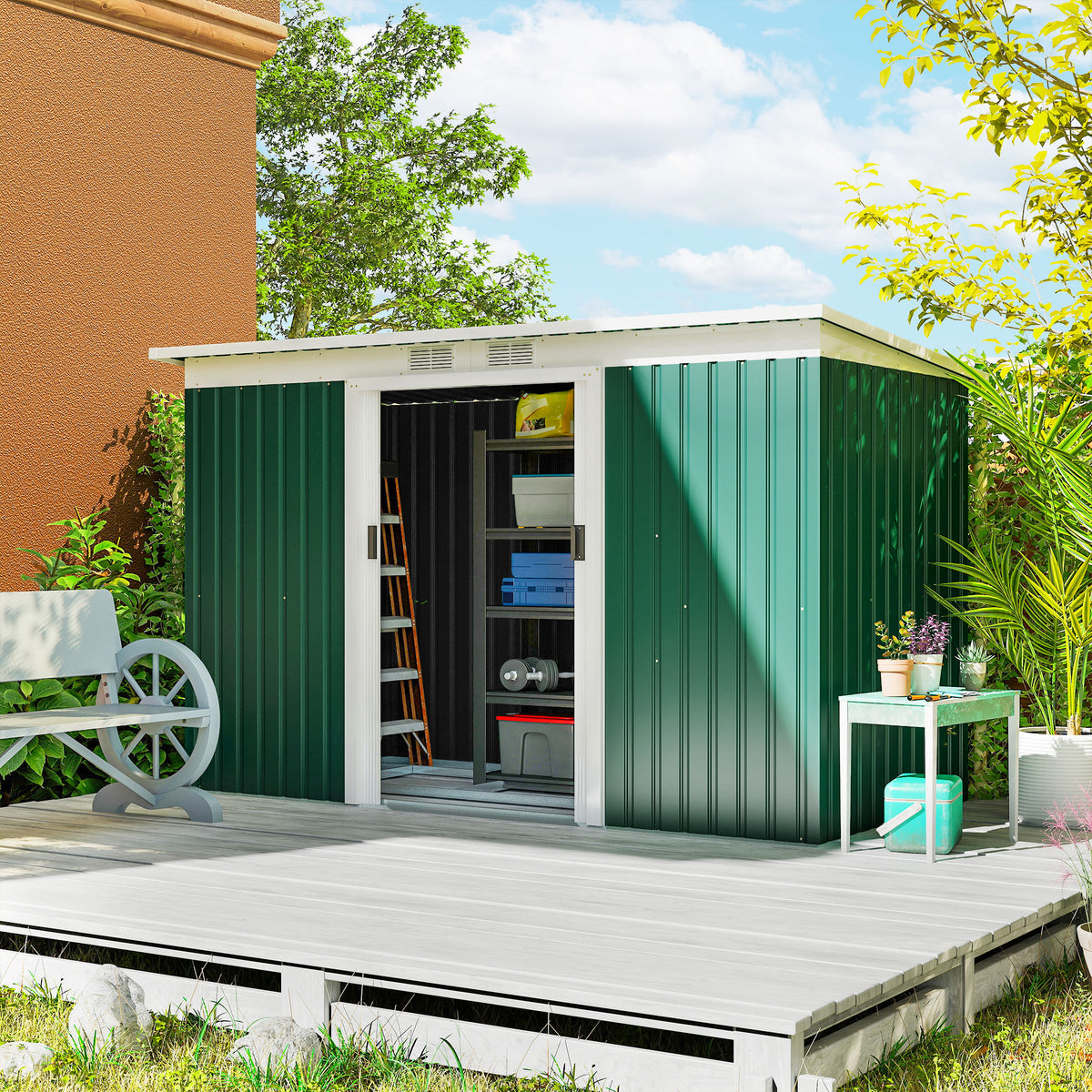 Abrigo de Jardim 280x130x172cm Abrigo de Exterior de Aço Galvanizado com Porta Corredeira e Ventilações para Armazenamento de Ferramentas Verde — foto 2