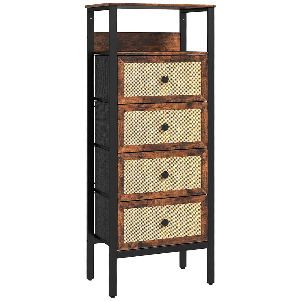 Cómoda de Tecido Cómoda para Dormitório com 4 Gavetas com Frente em Vime Prateleira e Estrutura em Aço para Sala de Estar 50x30x126 cm Marrom Rústico — foto 1