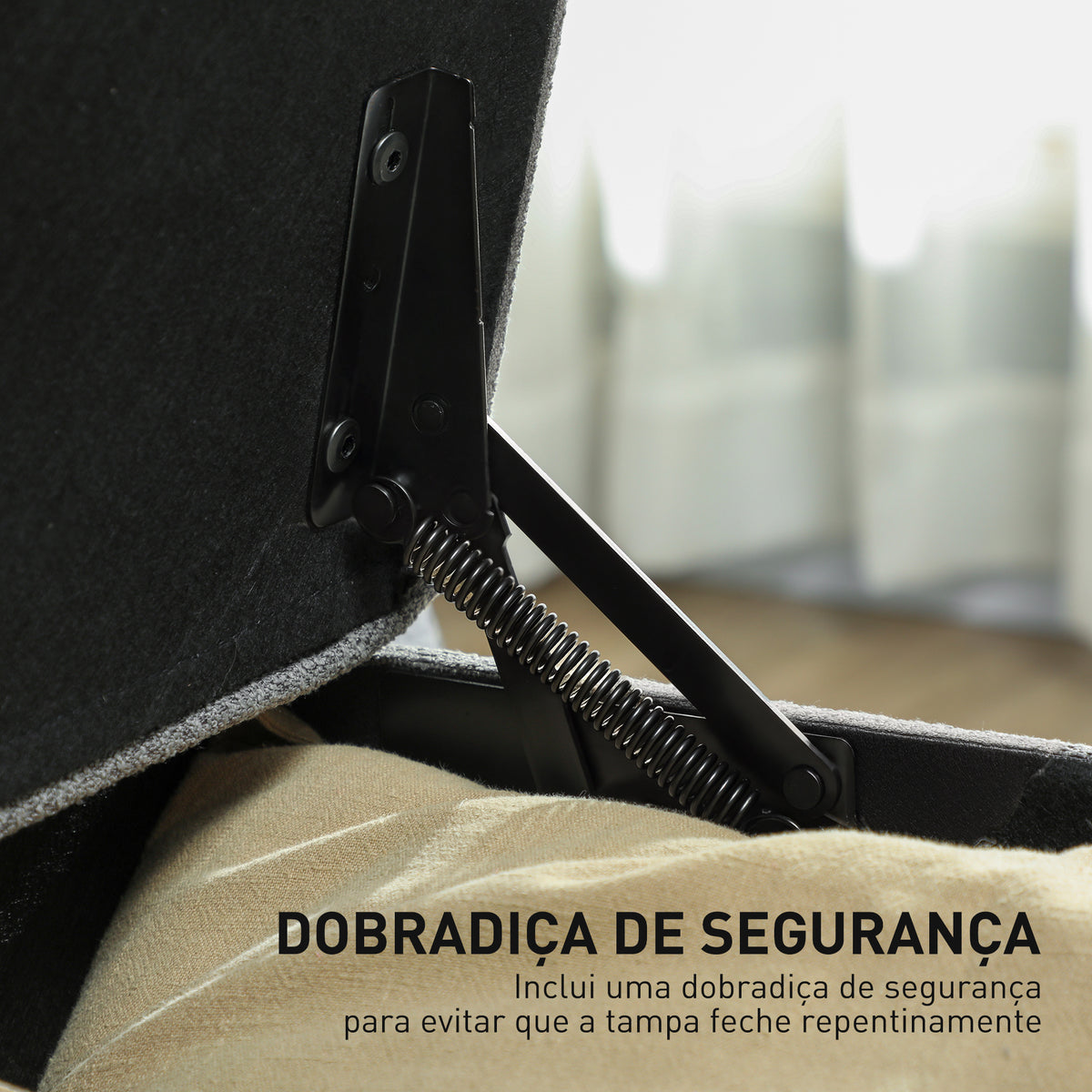 Puff de Armazenamento Banco 112L Estofado em Linho com 2 Dobradiças de Segurança Tampa Rebatível e Assento com Capitonê para Quarto Sala de Estar Entrada Carga 120 kg 120x40x48 cm Cinza Escuro — foto 5