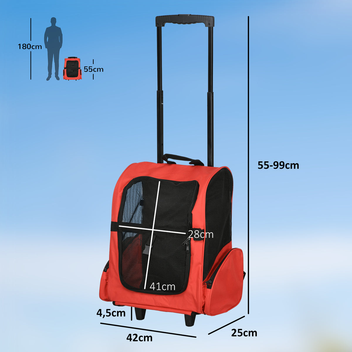 Transportadora 2 em 1 para Animais de Estimação Mochila ou Carrinho de Viagem para Cães e Gatos com 2 Rodas Alça Retrátil de Alumínio e Bolso de Armazenamento 42x25x55cm Vermelho — foto 3