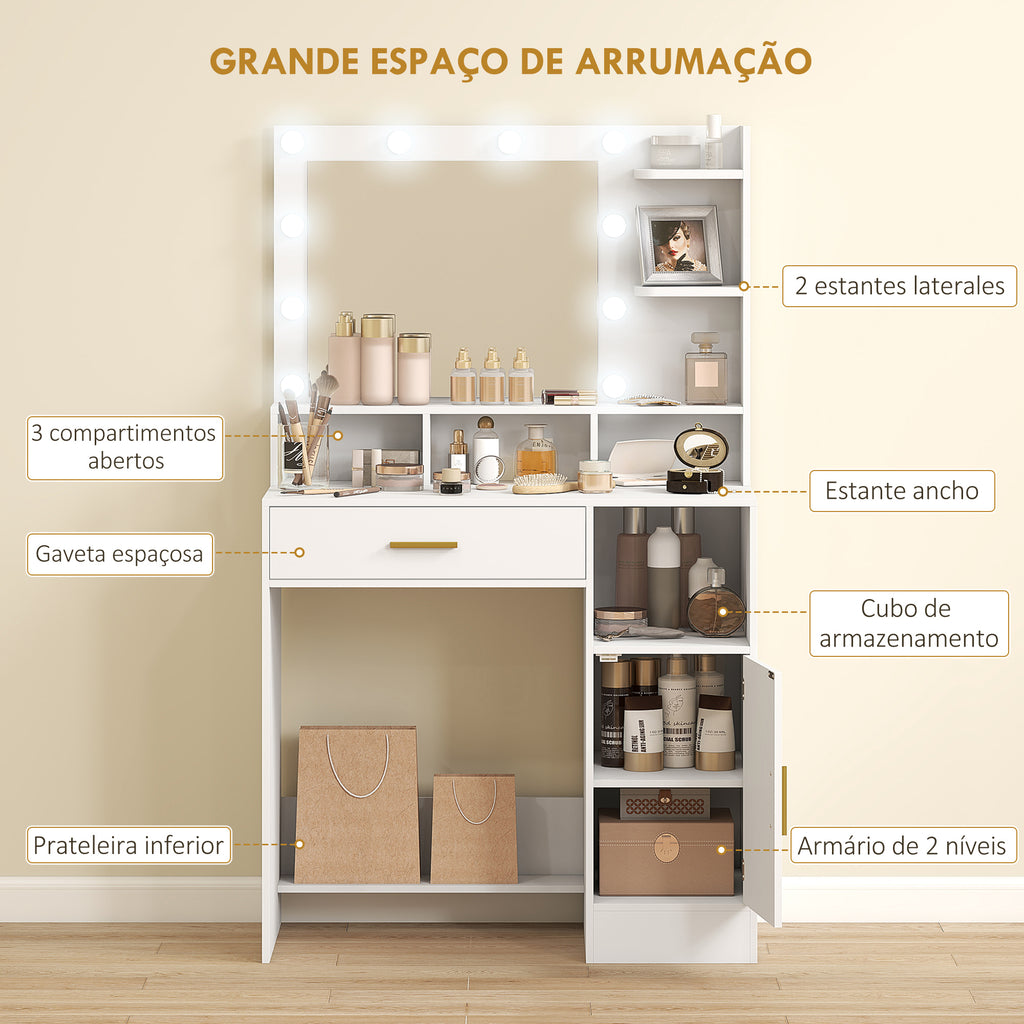 Toucador de Maquilhagem com Luzes LED e Banco Toucador com Espelho 10 Lâmpadas LED Gaveta Prateleiras Compartimentos Abertos para Quarto Closet Branco — foto 5