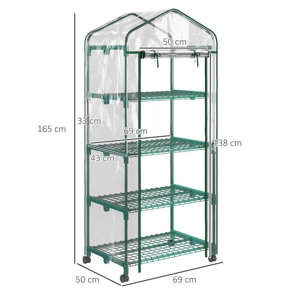 Estufa de Exterior com 4 Prateleiras e Rodas, Estufa Compacta com Porta Enrolável, Estrutura de Aço e Cobertura de PVC, Anti-UV para Plantas, Vasos, Flores, 70x50x165 cm, Transparente — foto 3