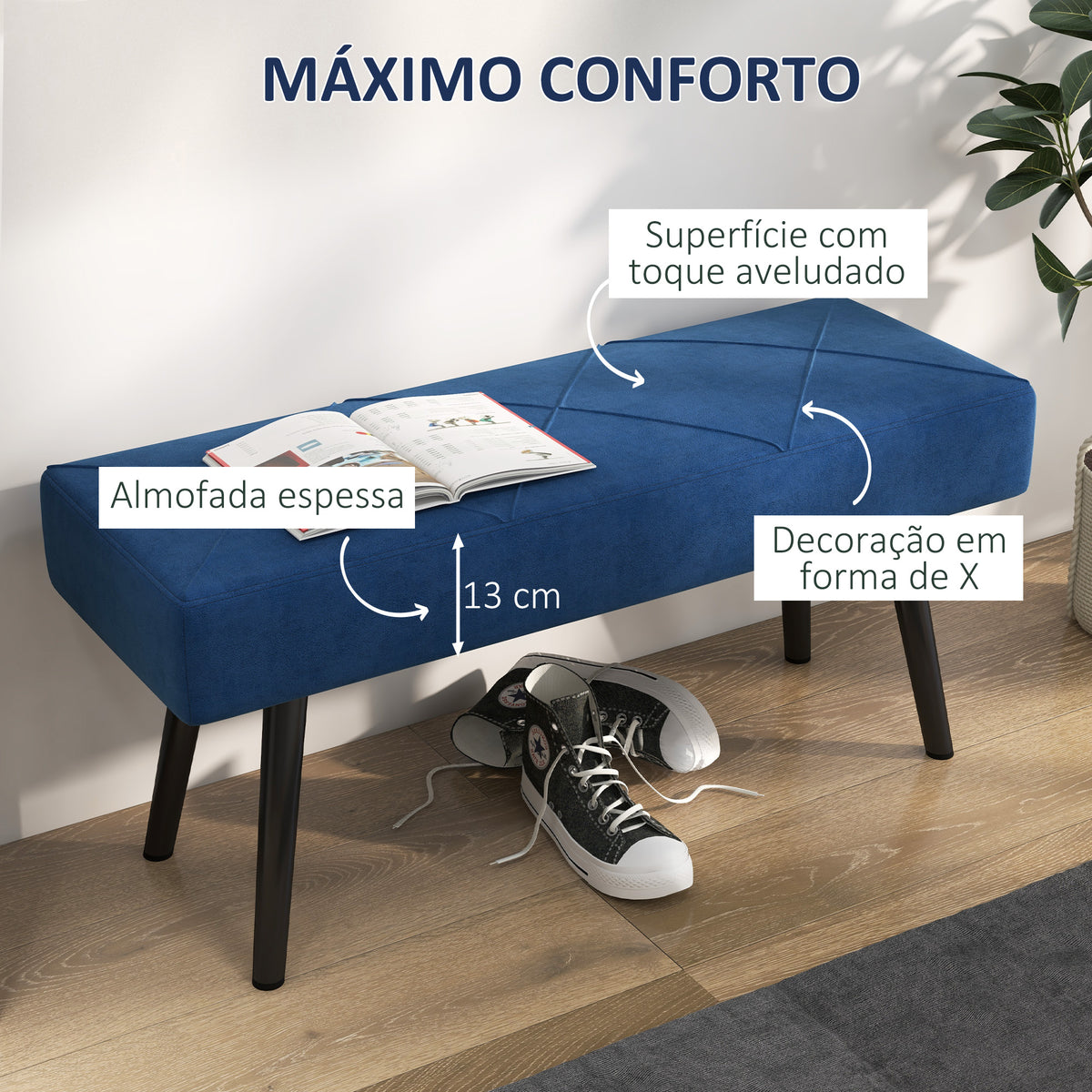 Banco de Pé de Cama Multifuncional Banco de Pé de Cama Moderno Banco de Dormitório com Pés de Aço e Assento Acolchoado Carga Máxima 120 kg Entrada Corredor 100x36x45 cm Azul — foto 4