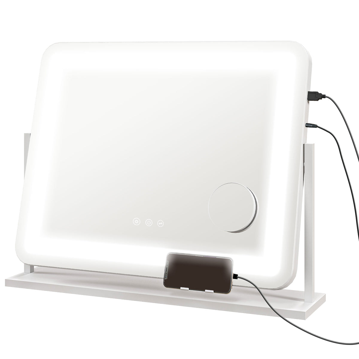 Espelho de Maquilhagem com Luzes Espelho de Toucador Giratório 58x46 cm com 3 Modos de Iluminação Interruptor Tátil Espelho de Maquilhagem com Suporte para Telemóvel e Entrada USB Branco — foto 1