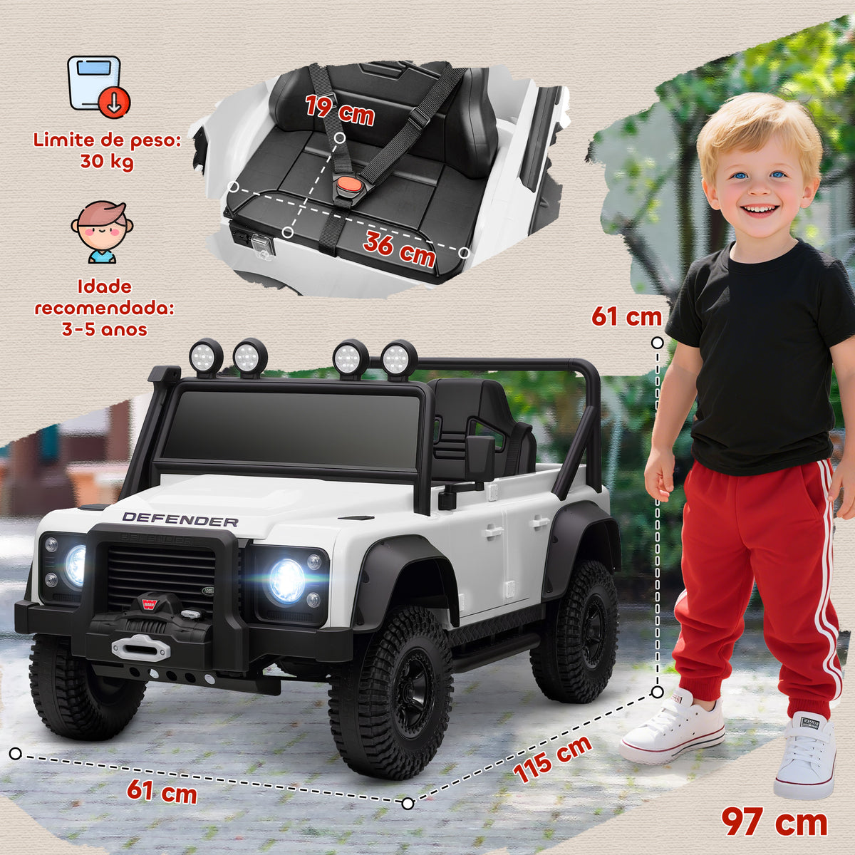Carro Elétrico para Crianças com Licença Land Rover 12V Carro a Bateria Infantil com Controlo Remoto Sistema de Suspensão USB MP3 Velocidade Ajustável Faróis 115x61x61 cm Branco — foto 3