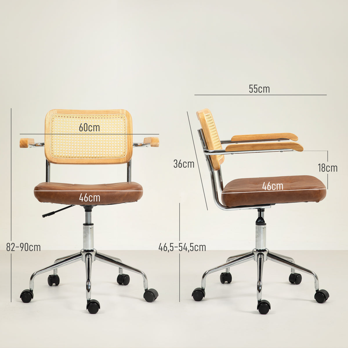 Cadeira de Escritório Giratória Cadeira de Escritório com Altura Ajustável Função Basculante e Encosto de Vime Sintético Cadeira de Estúdio Carga 120 kg 60x55,5x82-90 cm Marrom — foto 3