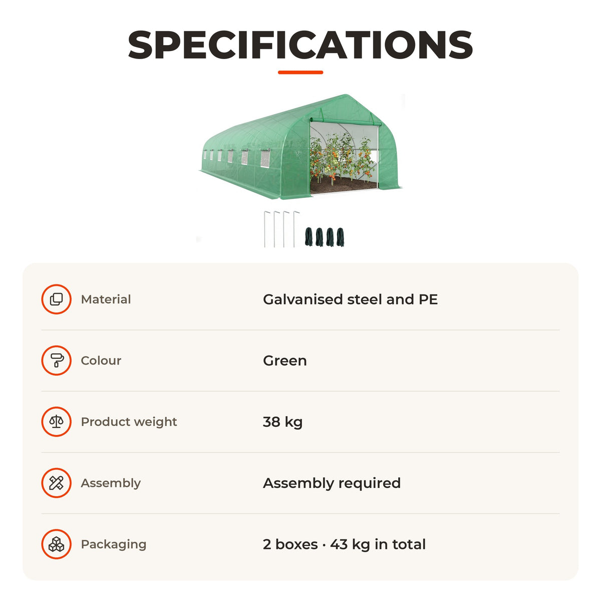 Estufa Tipo Túnel 800x300x200cm com 12 Janelas e Porta Enrolável Cobertura de PE 140g/m² e Aço Teto Pontiagudo para Cultivo de Plantas Verduras Verde — Especificações | Specifications