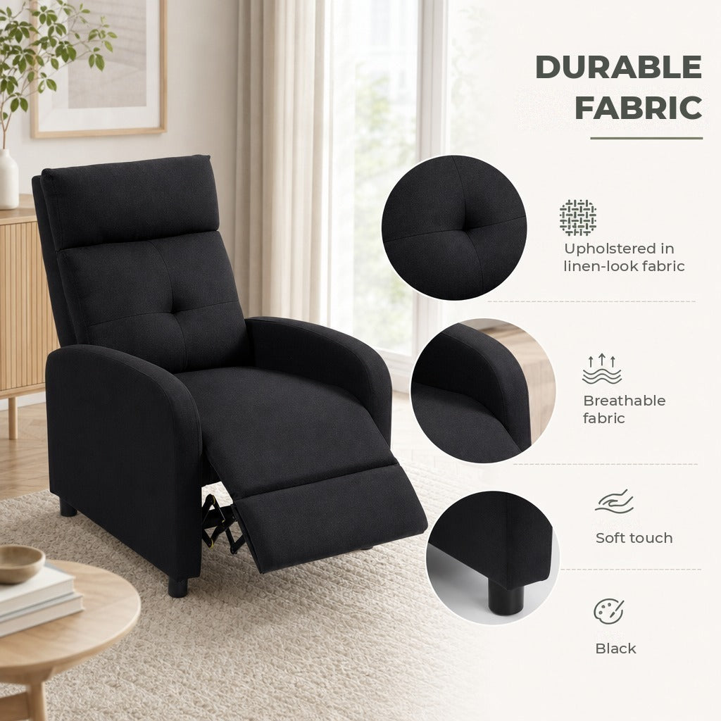 Poltrona Relax Reclinável até 155° Poltrona Reclinável Manual Estofado em Tecido Carga Máxima 150 kg para Pessoas com Altura Inferior 195 cm 67x87x98 cm Preto — Características | Features