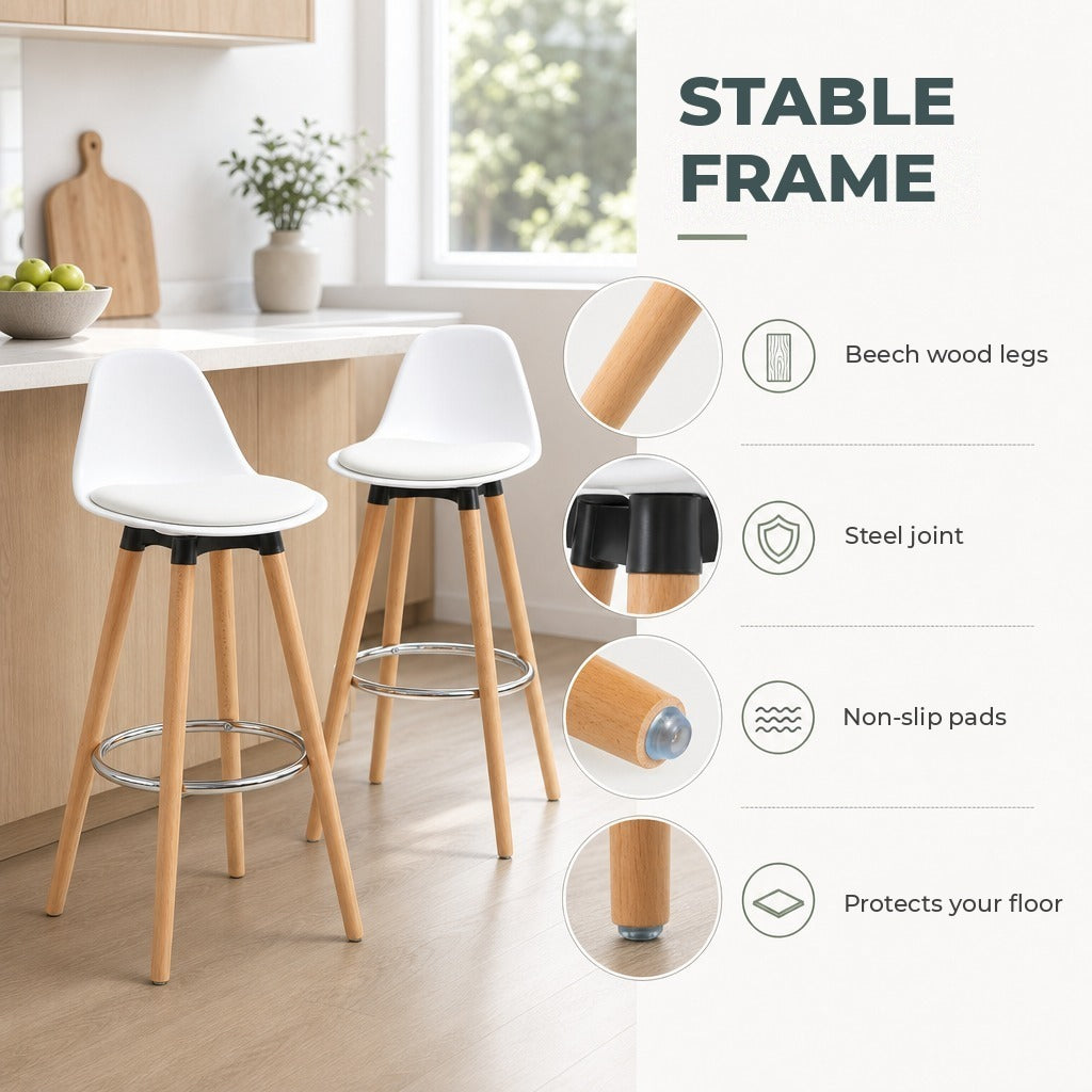 Conjunto de 2 Bancos de Bar Estofado em PU Bancos Altos de Cozinha com Assento de 69 cm e Pés de Madeira para Cozinha Sala de Jantar 38,5x42,5x91cm Branco — Características | Features