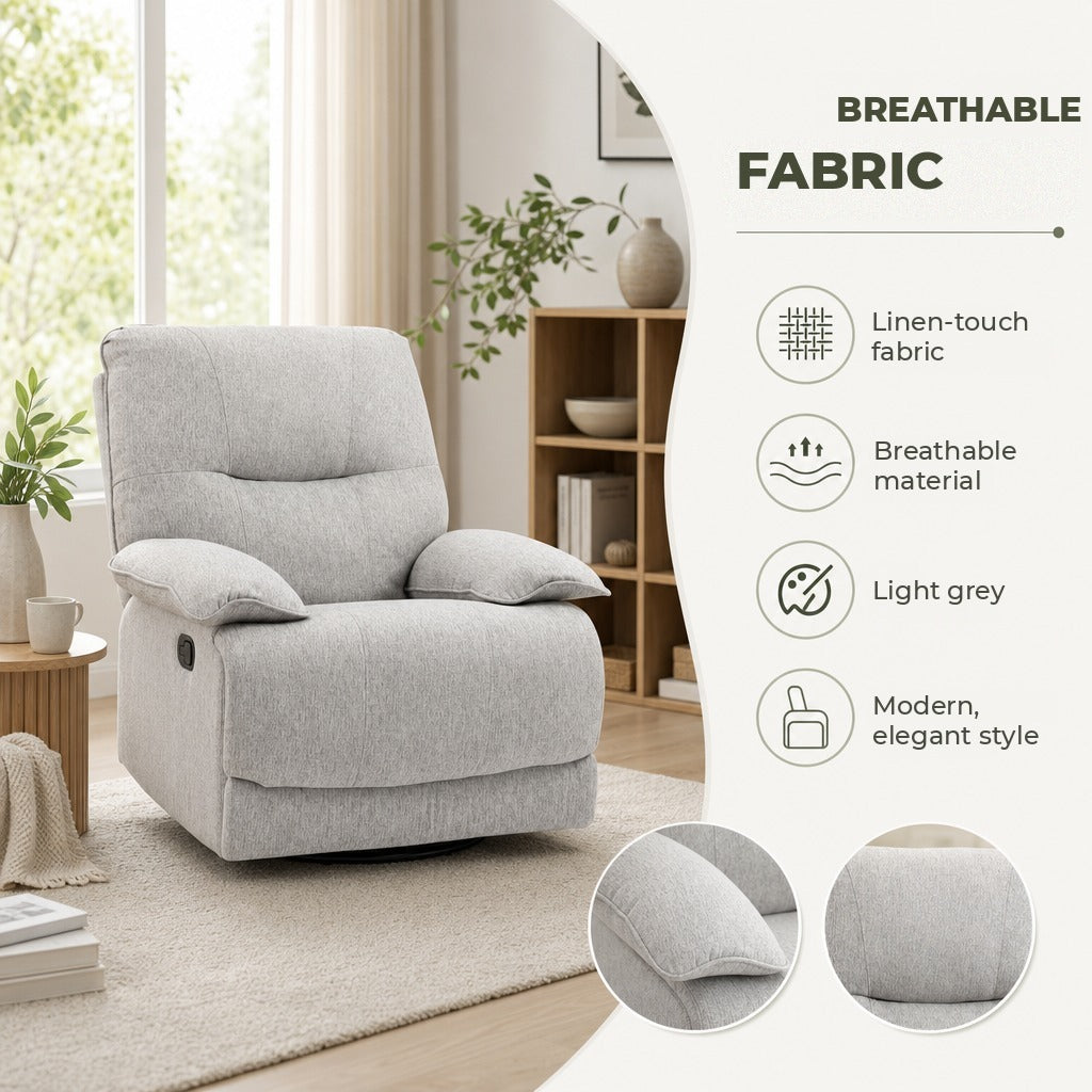 Poltrona Reclinável de Sala de Estar Poltrona Relax Reclinável Manual Estofado em Tecido com Apoio para os Pés Carga 160 kg para Pessoas entre 150-190 cm 89x98x101 cm Cinza — Características | Features