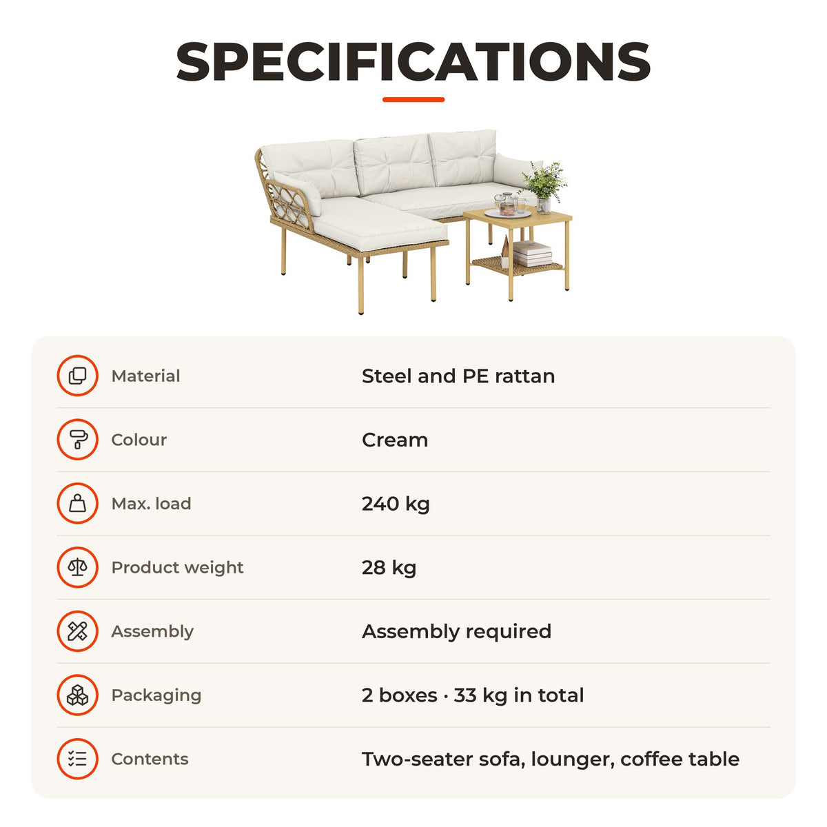 Conjunto de Jardim em Vime de 3 Peças de Móveis de Jardim Exterior com 1 Sofá de Dois Lugares 1 Espreguiçadeira 1 Mesa de Centro Metálica de 2 Níveis e Almofadas Anti-UV para — Especificações | Specifications