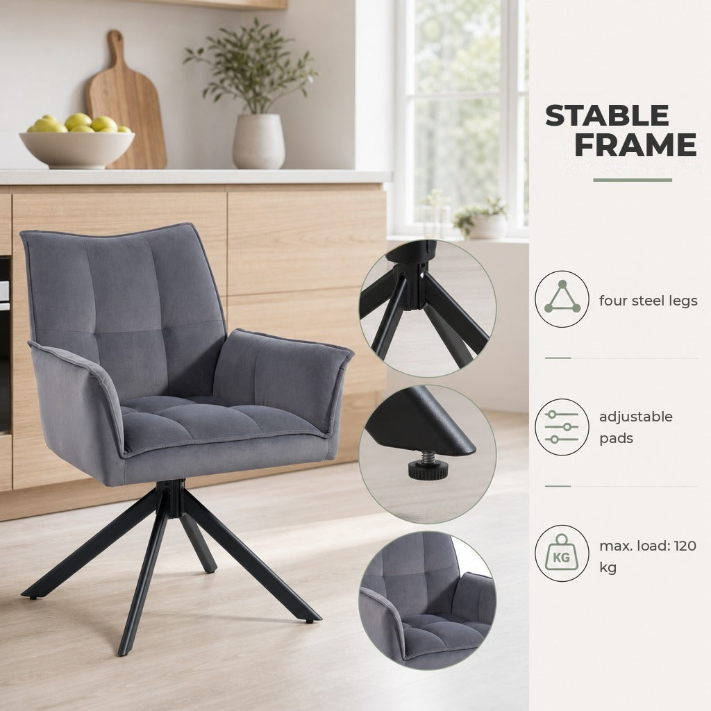 Conjunto de 2 Cadeiras de Refeição Giratórias 360° Cadeiras de Cozinha com Apoio de Braços Encosto Estofado Estofamento em Veludo Pés em Aço para Escritório Conferência Sala de — Características | Features
