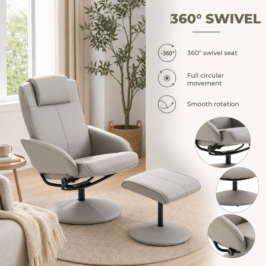 Poltrona Relax Reclinável até 145° com Banco de Apoio para os Pés Poltrona Giratória 360° Estofada em PU e Estrutura de Aço 78x67x98cm Cinza — Características | Features