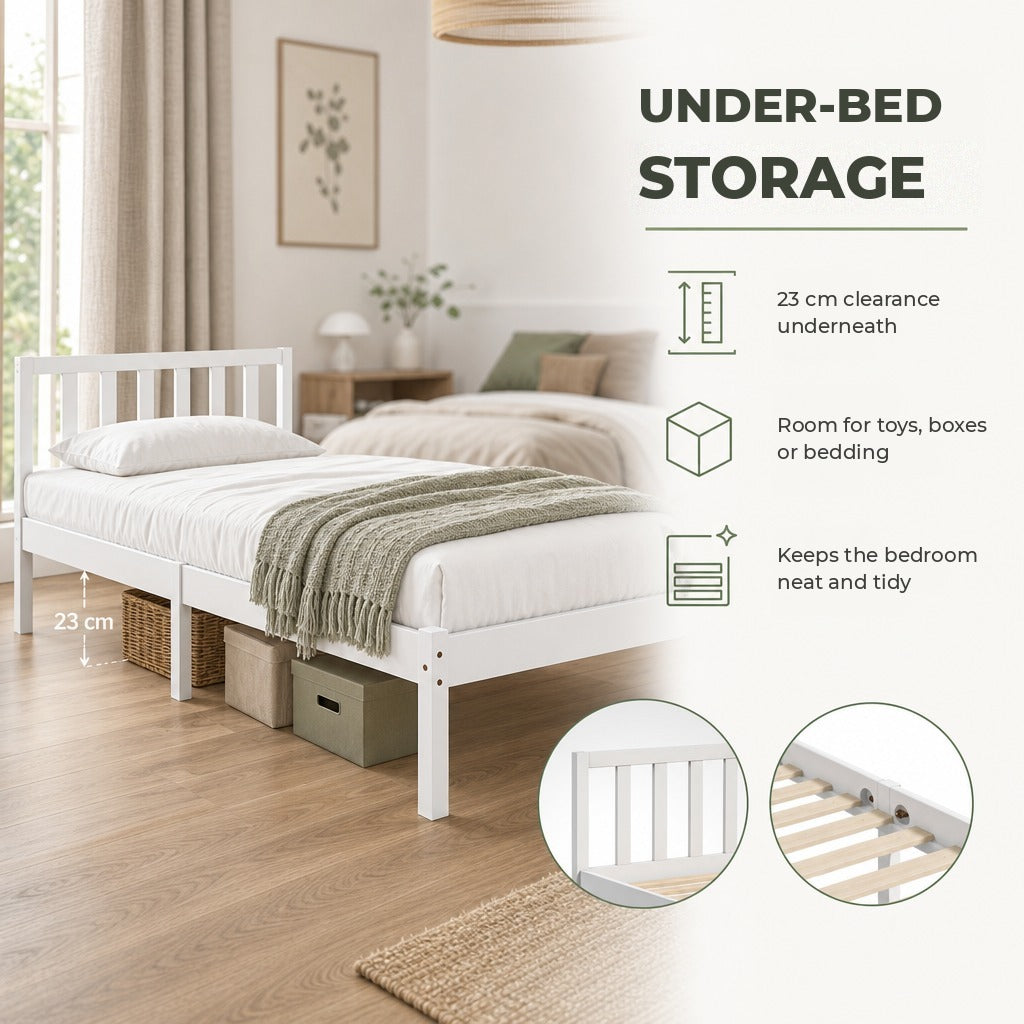 Estrutura de Cama de Madeira Estrado de Cama de Solteiro para Colchão 190x90 cm Carga 120 kg 198x96x70 cm Branco — Características | Features