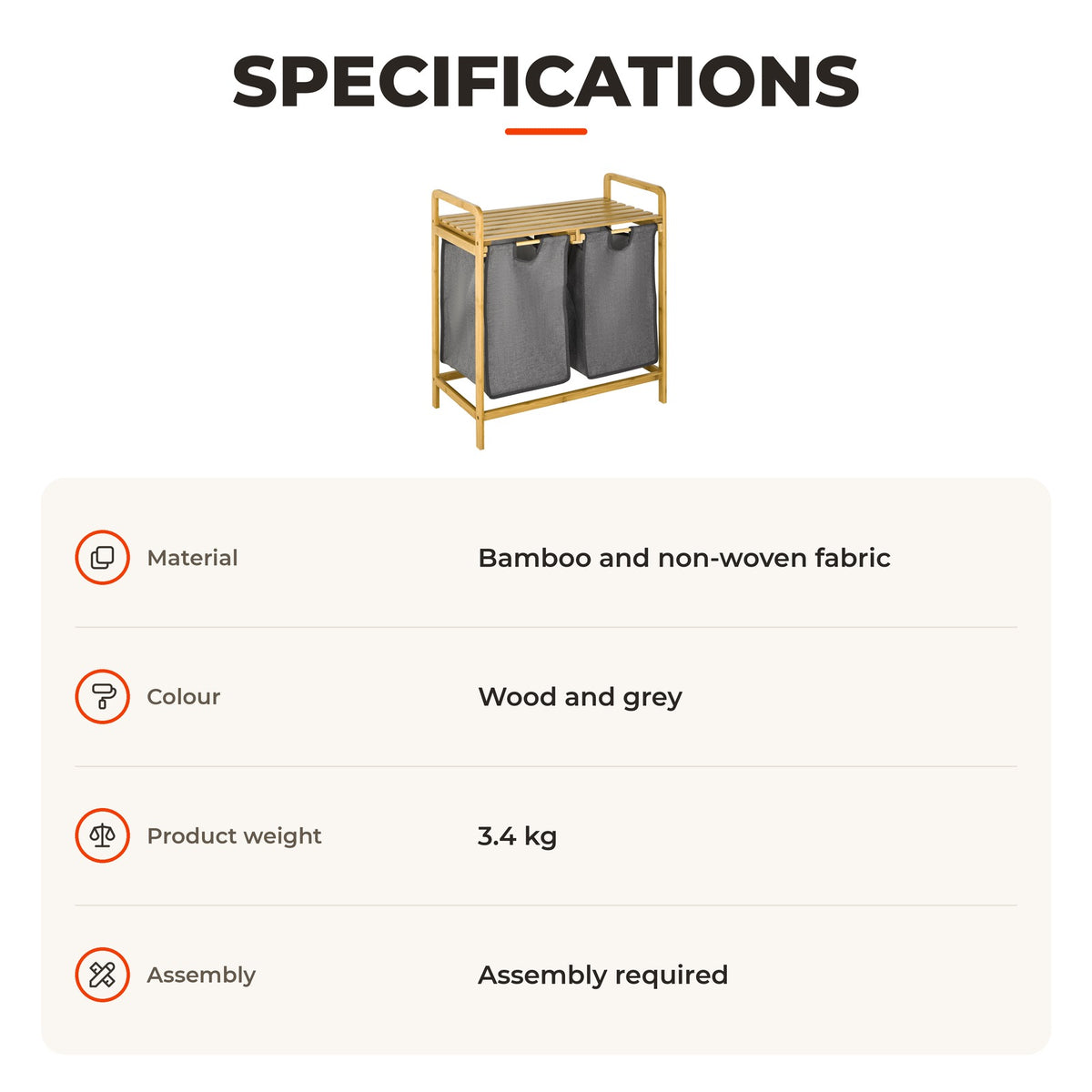 Cesto de Roupa de Bambu Cesto de Roupa Suja para Lavandaria com 2 Bolsas Amovíveis e Prateleira para Dormitório Casa de Banho Lavandaria 63,5x33x73 cm Madeira e Cinza — Especificações | Specifications
