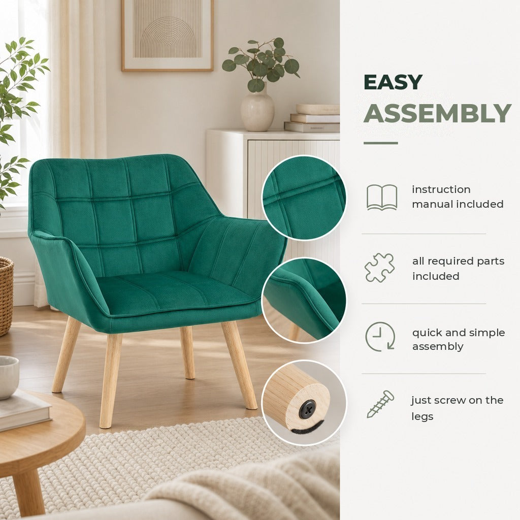 Poltrona Moderna de Sala, Cadeira de Leitura Estofada em Veludo com Pés de Madeira, Fácil de Montar, Cadeira Relax para Sala de Estar, Quarto e Varanda, Verde — Características | Features