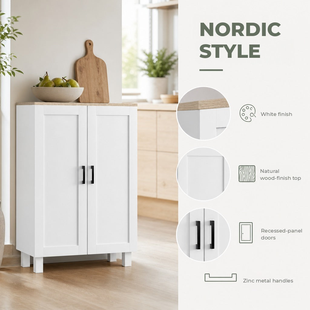 Armário de Sala de Estar Moderno Armário de Armazenamento com 2 Portas Prateleira Ajustável e Base Elevada para Cozinha Sala de Jantar Corredor Dormitório Sistema Anti-Tombo — Características | Features