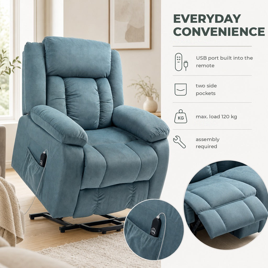 Poltrona Relax Reclinável Elétrica Elevatória com Porta USB Poltrona Elevatória com Controlo Remoto Assento Amplo Apoio para os Pés Estofada em Veludo Bolsos Laterais Azul — Características | Features