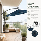 Chapéu de Sol Excêntrico com Luzes LED Solares Ø345 cm Chapéu de Sol de Jardim em Alumínio com Base Cruzada Manivela Capa Protetora Cordas de Vento UPF50+ para Terraço Pátio Azul — Características | Features