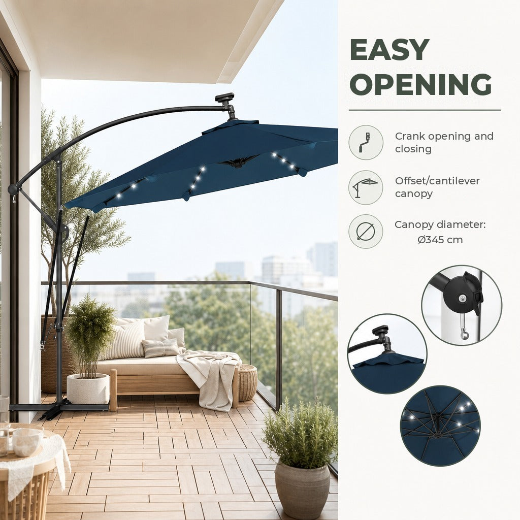 Chapéu de Sol Excêntrico com Luzes LED Solares Ø345 cm Chapéu de Sol de Jardim em Alumínio com Base Cruzada Manivela Capa Protetora Cordas de Vento UPF50+ para Terraço Pátio Azul — Características | Features