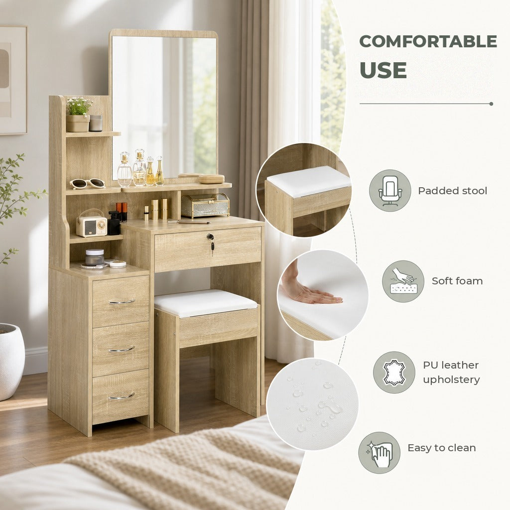 Toucador de Maquilhagem com Banco e Espelho Mesa de Maquilhagem com 4 Gavetas 4 Compartimentos de Armazenamento Estilo Moderno 80x38x143 cm Madeira — Características | Features