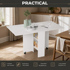 Mesa de Sala de Jantar Dobrável Mesa de Madeira com 2 Prateleiras de Armazenamento e Rodas para Cozinha 75x140x74 cm Branco — Características | Features
