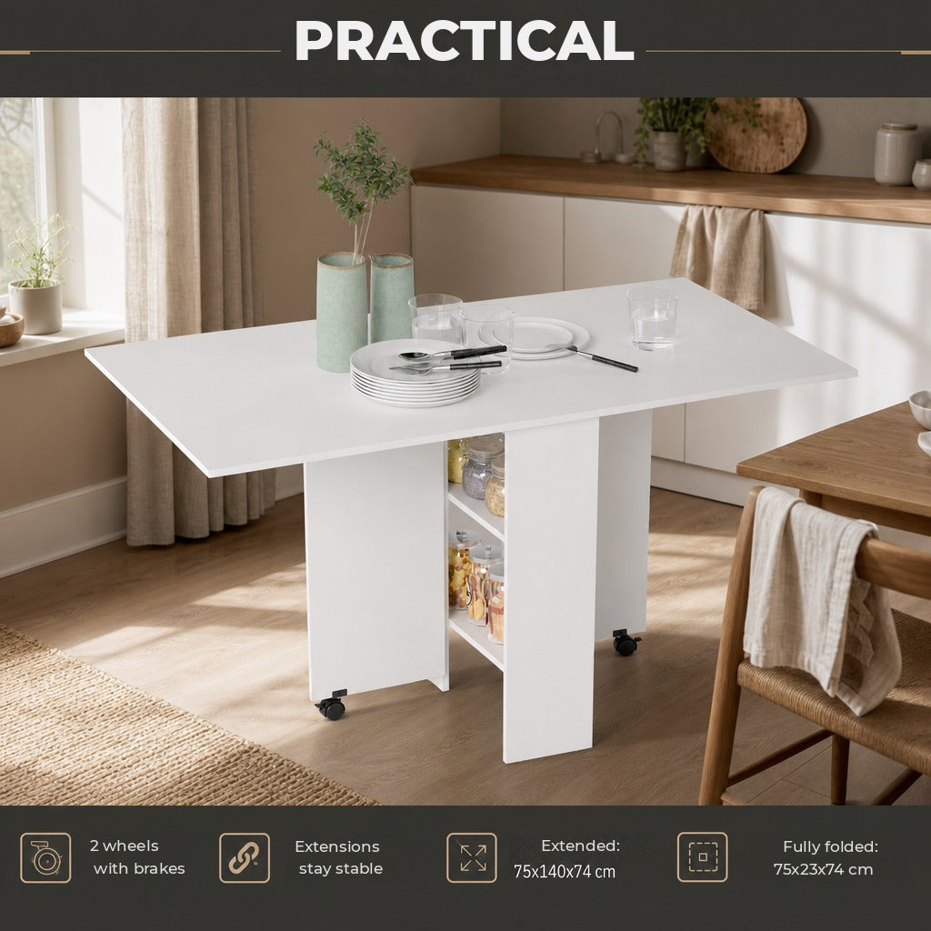 Mesa de Sala de Jantar Dobrável Mesa de Madeira com 2 Prateleiras de Armazenamento e Rodas para Cozinha 75x140x74 cm Branco — Características | Features