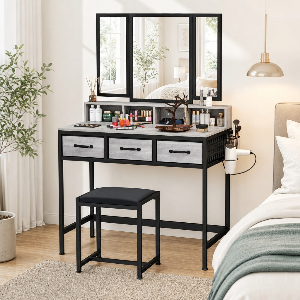Toucador de Maquilhagem com Espelho Tríptico Removível, Banco 3 Gavetas em Tecido Prateleiras Suporte para Secador Cesto Metálico para Quarto ou Closet 90x40x141 cm Cinzento — Ambiente | Lifestyle