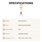 Candeeiro de Pé com Tripé com Estrutura em Madeira e Ecrã Similar ao Linho com Prateleira Incorporada 48x48x153 cm Madeira e Cinzento — Especificações | Specifications