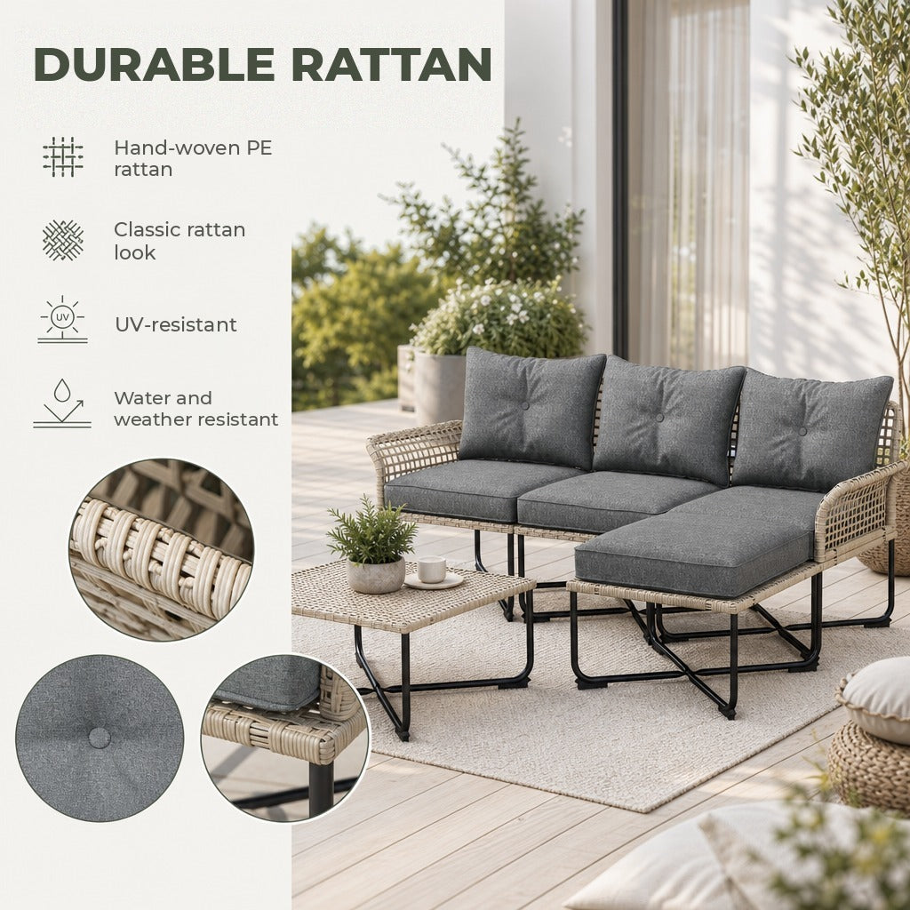 Conjunto de Jardim em Vime Sintético Conjunto de Móveis de Exterior com Sofá de 4 Módulos 1 Mesa de Centro e Almofadas Cinza — Características | Features