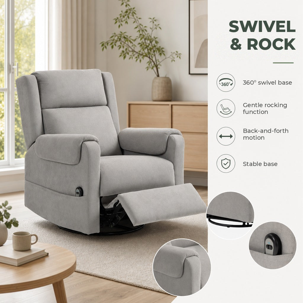 Poltrona Relax Reclinável Elétrica Giratória e Basculante com Apoio para os Pés Ajustável Controlo Remoto Acolchoamento Espesso Tecido Chenille para Quarto Sala de Estar 86x89x99 — Características | Features