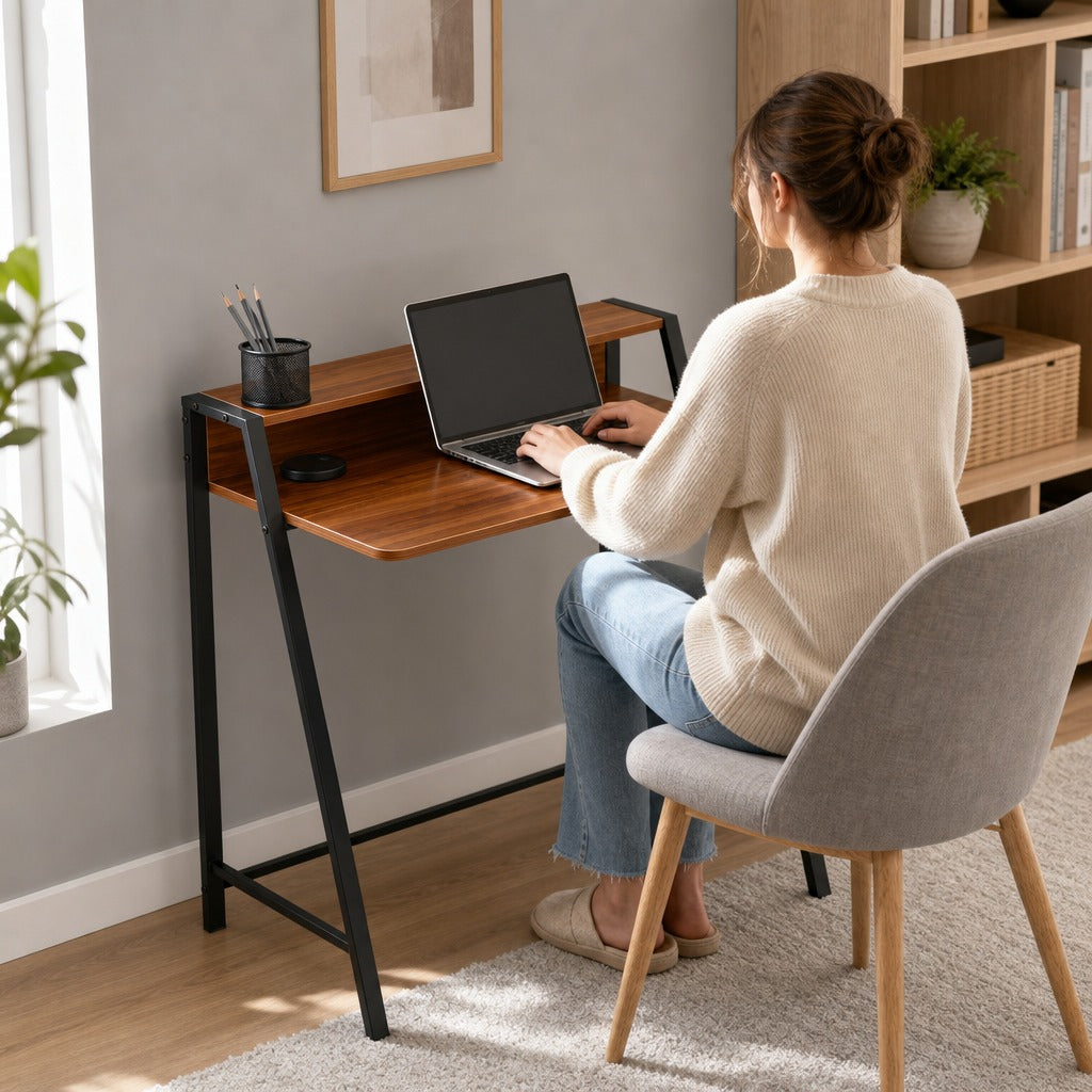 Secretária Mesa de Computador 84x45x85cm Bancada Madeira Pés Metal Nogueira e Preto — Ambiente | Lifestyle