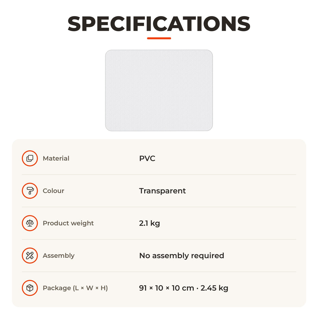 Tapete Protetor Retangular para Cadeira de Escritório 90x120 cm Protetor de Chão de PVC Transparente — Especificações | Specifications