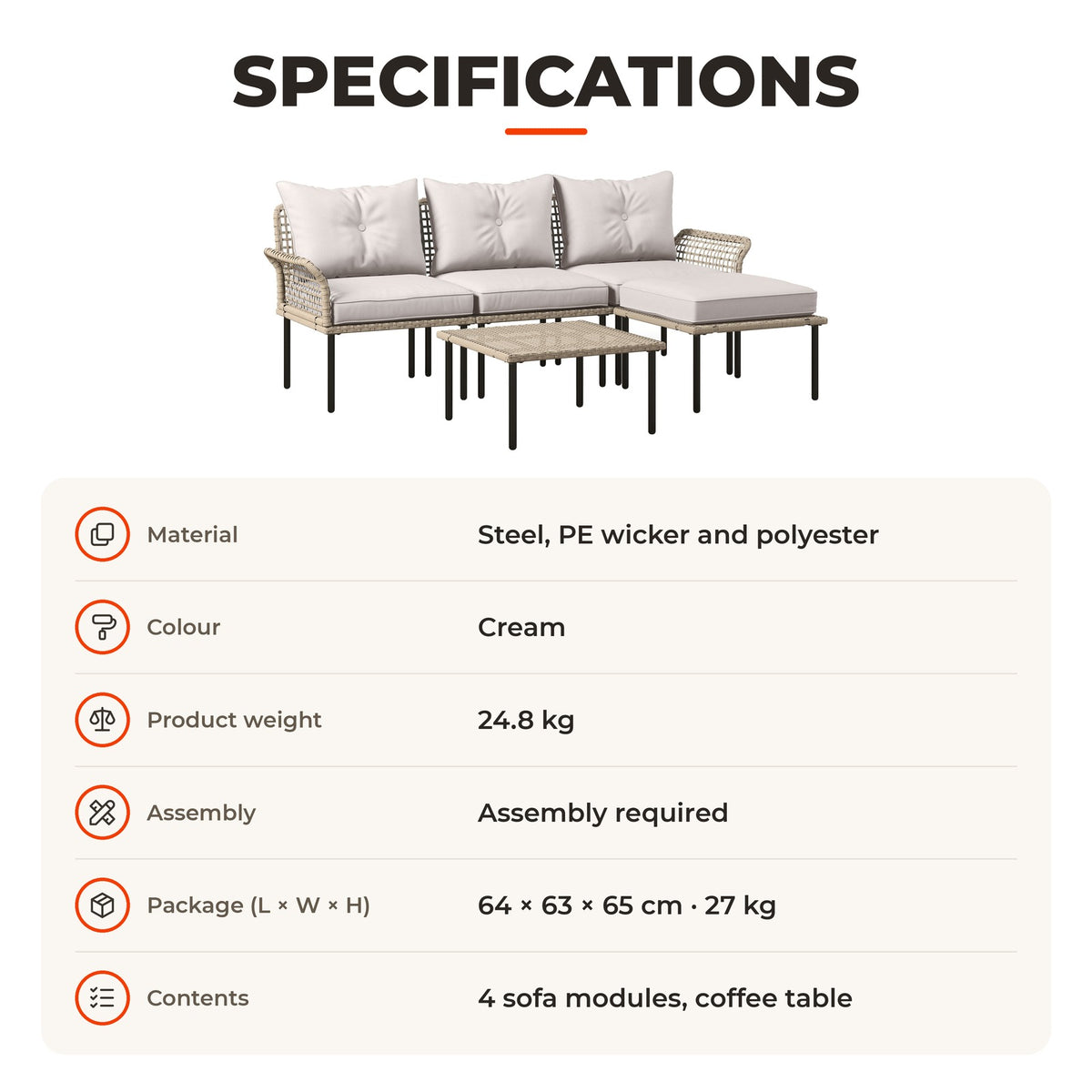 Conjunto de Jardim em Vime Sintético Conjunto de Móveis de Exterior com Sofá de 4 Módulos 1 Mesa de Centro e Almofadas Creme — Especificações | Specifications
