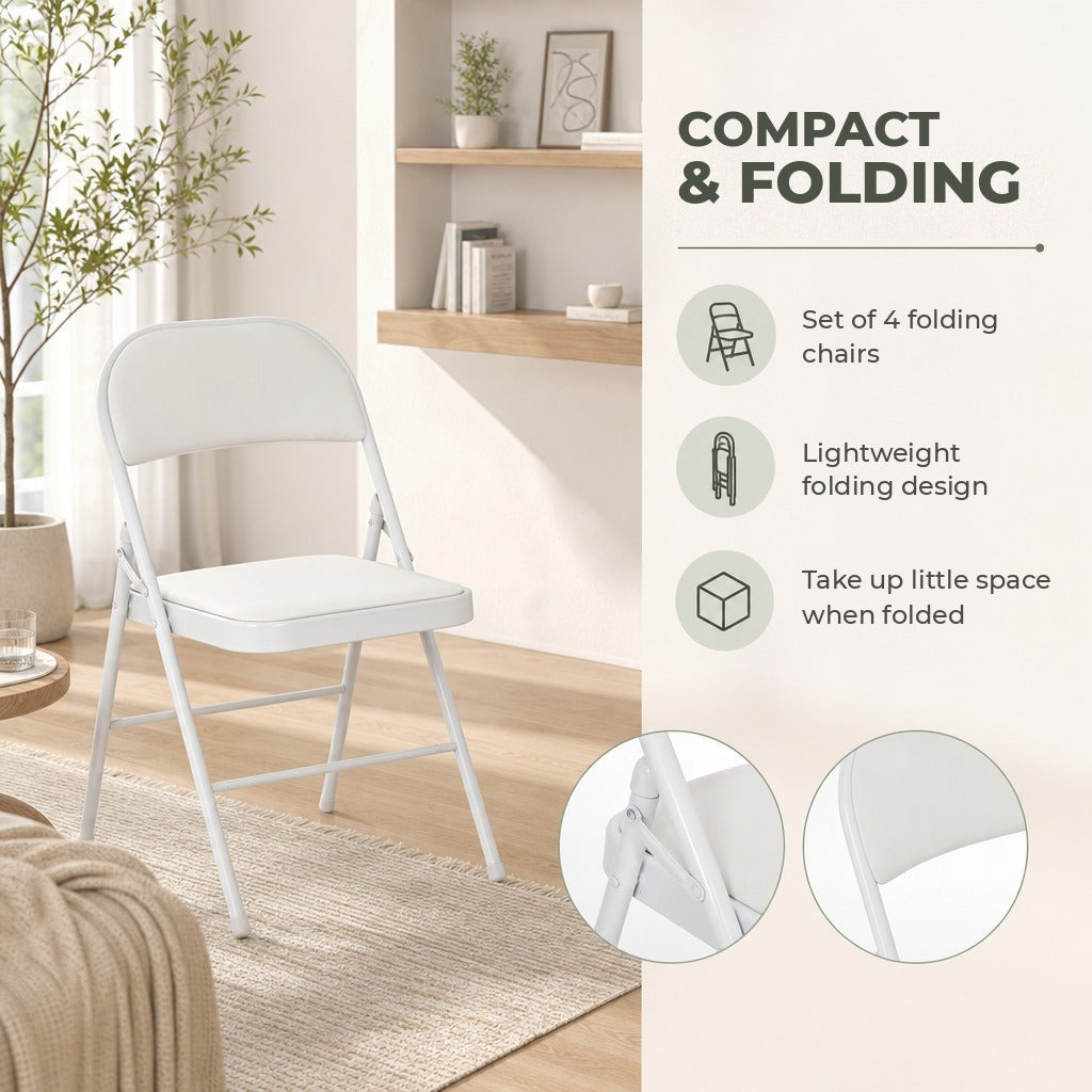 Conjunto de 4 Cadeiras Dobráveis Cadeiras Dobráveis com Encosto e Estrutura de Aço para Sala de Estar Escritório Estúdio 45x46x78 cm Branco — Características | Features