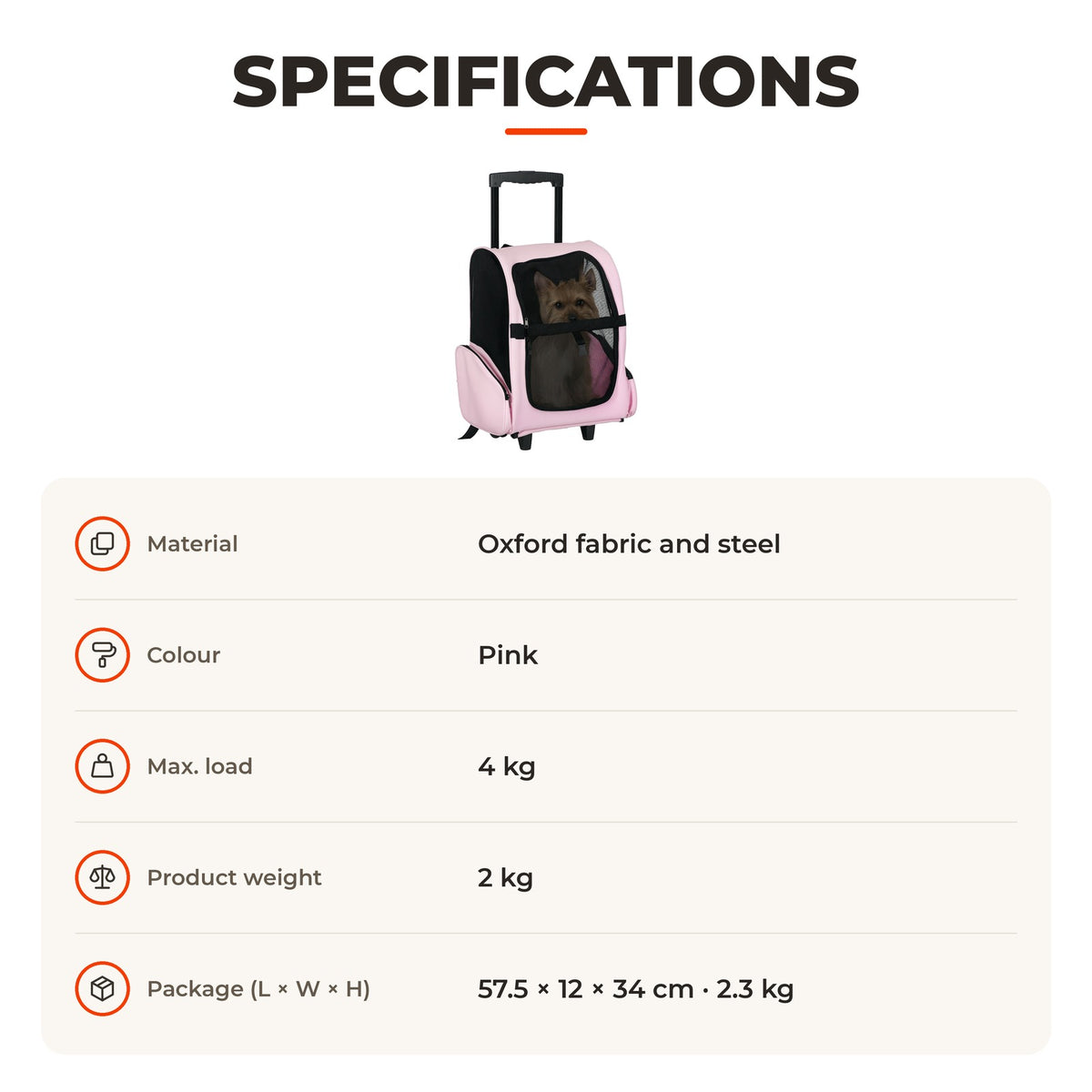 Transportadora 2 em 1 para Animais de Estimação Mochila ou Carrinho de Viagem para Cães e Gatos com 2 Rodas Alça Retrátil de Alumínio e Bolso de Armazenamento 42x25x55cm Rosa — Especificações | Specifications