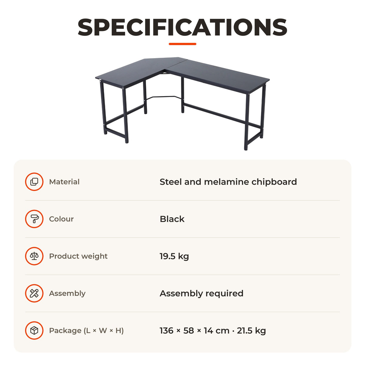 Secretária de Canto Mesa de Computador em Forma de L com Estrutura de Aço 168x120x75cm Preto — Especificações | Specifications