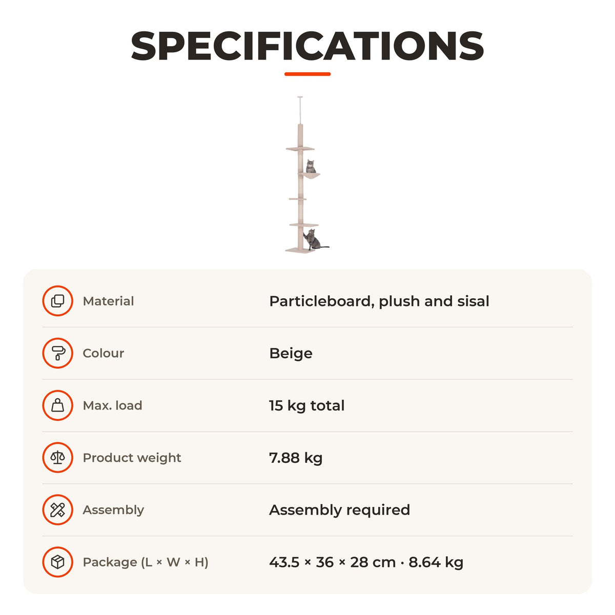 Árvore Arranhadora para Gatos Arranhador para Fixar ao Teto Altura Ajustável com Plataformas Poste de Sisal 40x34x230-260cm Bege — Especificações | Specifications